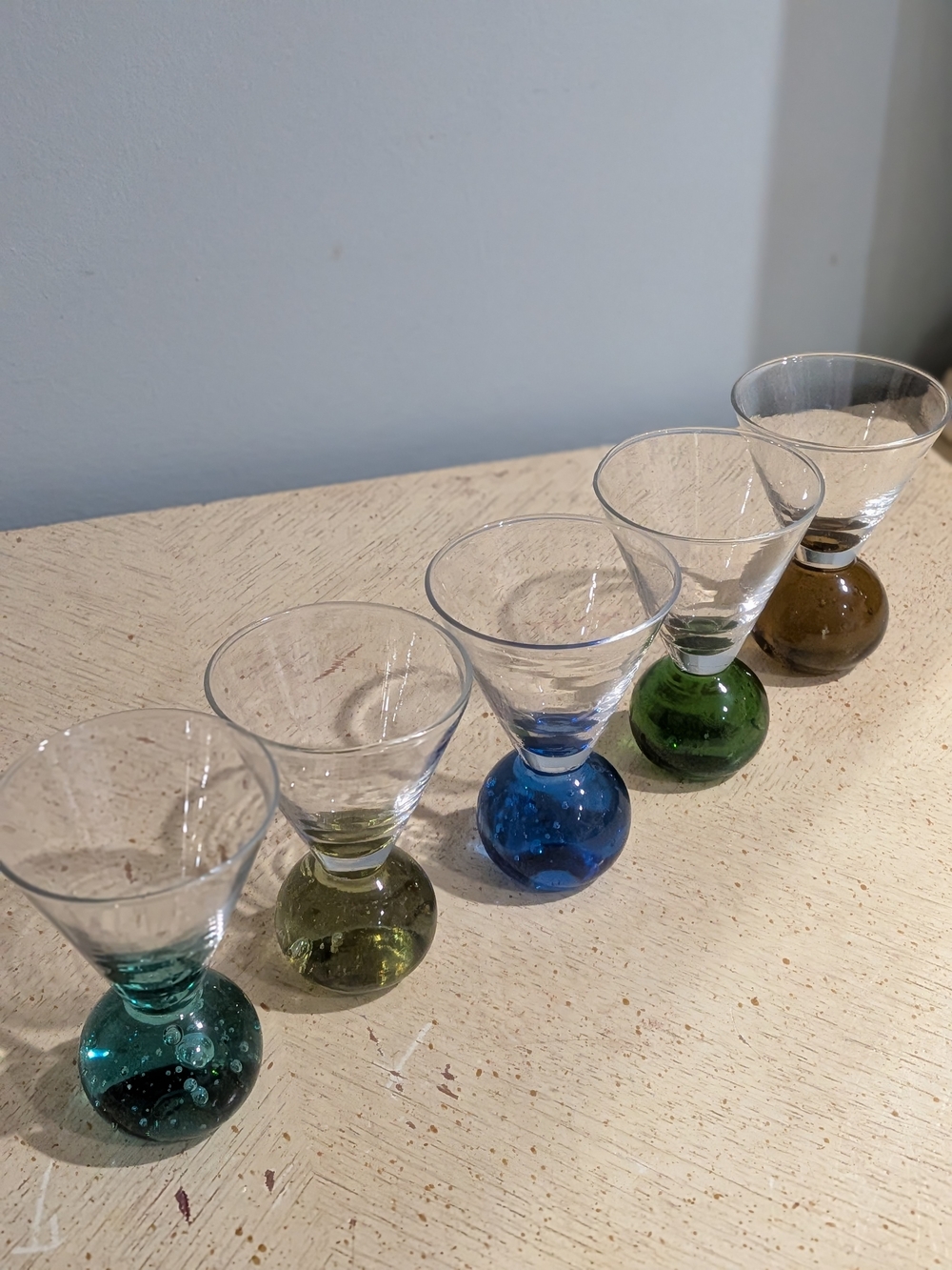 Vintage Set of Five Colored Glaasses with Bubble Bases Martini Glasses Art Deco